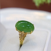 双十二时尚天然和田玉指环女菠菜绿碧玉蛋面镶嵌18k黄金戒指