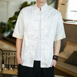 夏季薄款冰丝短袖衬衫外套男士中国风大码盘扣，唐装衬衣上衣服潮牌