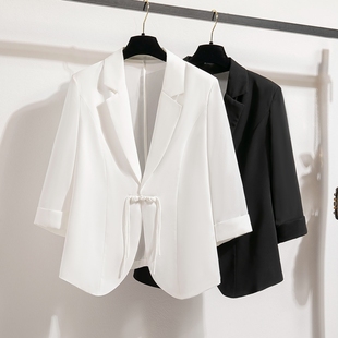 白色雪纺小西装外套女夏季2024设计感气质，盘扣七分袖西服上衣