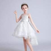 蓬蓬公主拖尾童装中大童，六一表演网纱裙，子女白色晚礼服儿童礼服裙