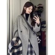 灰色双面羊绒大衣女，2024年秋冬韩版宽松茧型中长款羊毛呢外套