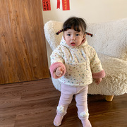 韩版冬季周岁宝宝女童棉衣，冬装加厚棉服，可爱粉色外套加绒棉袄套装