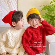 新年氛围!酒红色男童毛衣，宽松经典麻花红色儿童套头毛衣针织衫潮