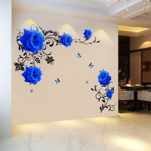 蓝玫瑰房间墙壁装饰品卧室墙面，3d立体墙贴画贴，花墙画自粘墙纸贴纸