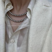 银灰色正圆珍珠毛衣链潮项链女小众，锁骨颈链设计百搭简约气质