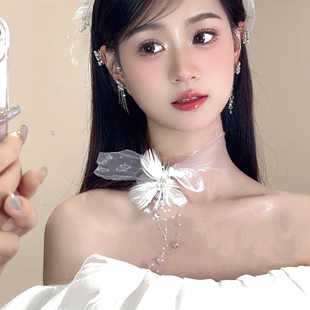 新娘韩式减龄甜美娟纱花朵羽毛项链影楼写真结婚纱少女礼服配饰品