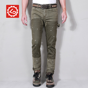 cb357唠叨牛仔绿色，撞色水洗牛仔裤潮流修身小脚，工装漆点刺绣男裤