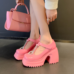 10cm糖果色甜美粉色单鞋春季真皮，水钻一字带高跟鞋超高跟粗跟鞋子