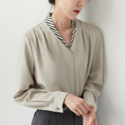 xiner条纹拼接假两件衬衫女长袖，v领上衣，套头通勤职场气质衬衣春