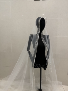 韩式新娘头纱珍珠网红拍照道具简约长款拖尾婚纱配饰