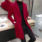 男外套秋冬毛呢红色羊绒大衣，中长款加厚呢子风衣青年韩版潮修身