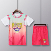 儿童篮球服套装假两件球衣，男童短袖篮球衣，女童训练队服表演服定制