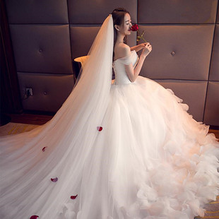 韩式简约新娘头纱双层3米超长拖尾头纱软纱5米10米婚纱头纱裸