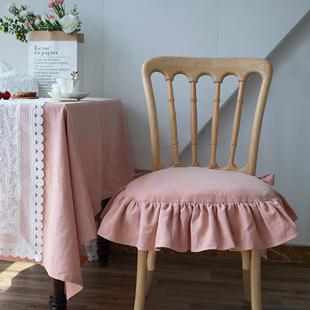 定制透气可拆洗椅垫北欧法式荷叶边苎麻亚麻布艺餐椅套纯色耐磨