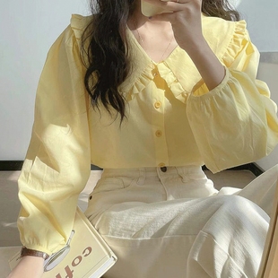 法式衬衫春秋女chic设计感衬衣长袖娃娃领上衣，小众复古奶甜奶黄色