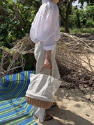 旅游度假沙滩包大容量包包，野餐篮子藤编，拼接日韩水桶形帆布手提袋