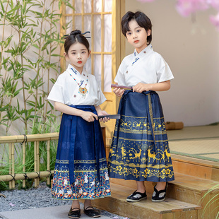 儿童马面裙套装新中式国风男童，汉服古装男孩，表演服女童唐装夏季薄