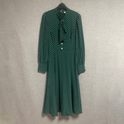 欧美时尚秋季法式波点领巾显白深绿收腰显瘦中长衬衫连衣裙