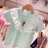a353女童夏季短袖t恤洋气蕾丝，花边刺绣花朵，儿童纯棉薄款上衣