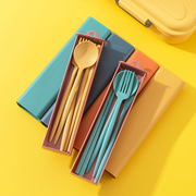 小麦秸秆餐具户外便携套装筷子三件套勺子收纳盒单人，装便捷式外带