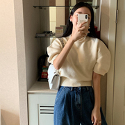 韩国2024春季糖果色泡泡短袖复古针织衫女设计感圆领套头宽松毛衣