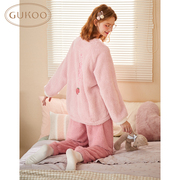 GUKOO/果壳女冬睡衣套装珊瑚绒卡通睡衣简约保暖可外穿家居服