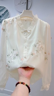 新中式国风刺绣雪纺衬衫，2024早春女装长袖衬衣，搭配马面裙上衣