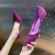 紫色单鞋8cm气质名媛2023春秋时尚洋气细跟侧空高跟鞋女尖头