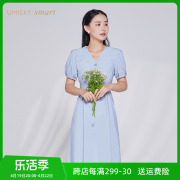 umisky优美世界女装2023夏简约(夏简约)v领短袖，收腰a字连衣裙vi2d1069