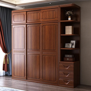 中式胡桃实木一体推拉门大衣柜，家用卧室现代简约储物柜多功能衣橱
