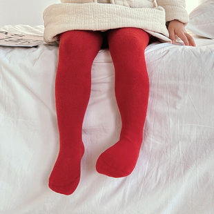 新年女童周岁袜子儿童打底裤，大红色秋冬款，毛圈加厚婴儿连裤袜宝宝