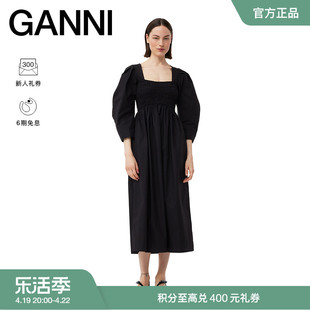ganni女装黑色方领蝙蝠，袖罩衫修身长裙连衣裙f9092099