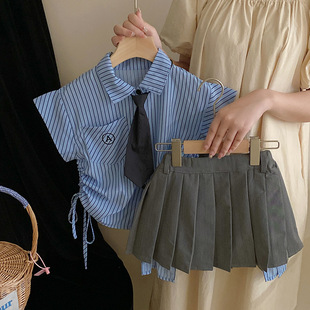 女童夏装衬衣儿童美式学院风套装宝宝翻领蓝条纹无袖短袖衬衫裙裤