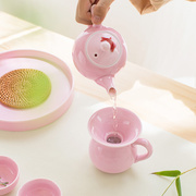 贰奇青瓷创意粉色小鱼家用功夫，茶具套装陶瓷七彩茶壶茶杯品茗
