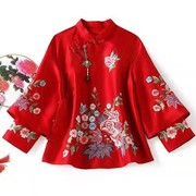 唐装女装中国风秋季复古民族风刺绣绣花红色中式盘扣改良旗袍上衣