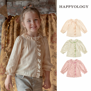 happyology英国童装上衣儿童英伦，荷叶边衬衫春秋，女童长袖衬衣