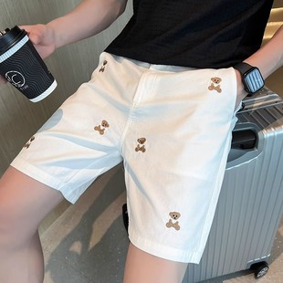 夏季网红小熊刺绣，短裤男潮牌薄款白色，五分裤男士潮流休闲中裤