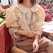 韩国chic秋季减龄气质娃娃领双排扣拼接蕾丝花边宽松长袖衬衫上衣