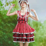 meme原创设计复古红色蓬蓬公主，裙子可爱甜美小众日系连衣裙女夏