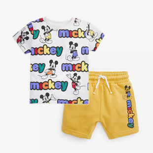 男童卡通老鼠黄色短裤宝宝，纯棉短袖t恤儿童夏季套装，字母上衣卫裤2