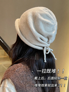 韩版日系卷边简约护耳保暖抽绳针织包头帽子女秋冬百搭纯色堆堆帽
