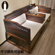 新中式乌金木罗汉床实木休闲沙发，禅意仿古雕花，储物沙发床茶室家具