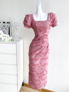 法式复古短袖连衣裙女夏季长裙高级感气质赫本风粉色订婚礼服裙子