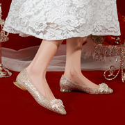 归艺水晶平底婚鞋女禾秀婚纱，两穿新娘鞋孕妇金色，亮片方头婚礼单鞋