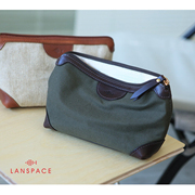 LANSPACE蓝皮具男式复古化妆包真皮配尼龙布洗漱包手包旅行包