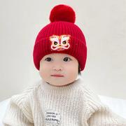 婴儿醒狮毛线帽子围巾套装秋冬季新年红色男女大红儿童宝宝针织帽