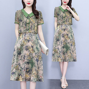 新中式国风旗袍裙子女夏装妈妈装遮肚显瘦假两件套雪纺连衣裙
