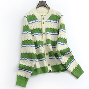 绿色条纹钩花圆领减龄甜美单排扣外套春季长袖女针织毛衣N491