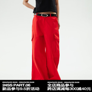 funkyfun宽松口袋设计直筒裤黑红卡其，三色轻薄风衣休闲裤工装裤