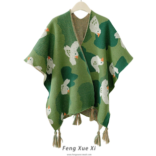 绿色白鸽外搭保暖大披肩波西米亚，仿羊绒披风斗篷秋冬季围巾女洋气